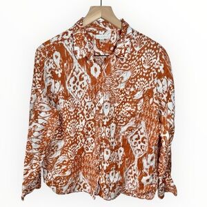 Garnet Hill Easy Linen Button Down Shirt Size 10 Orange Ikat Print Breathable M